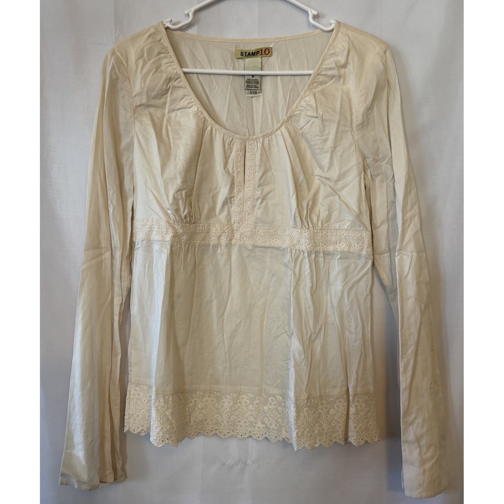 Boho Stamp 10 Women's Ivory Y2K Embroidered Lace‎ Trim Babydoll Long Sleeve 10
